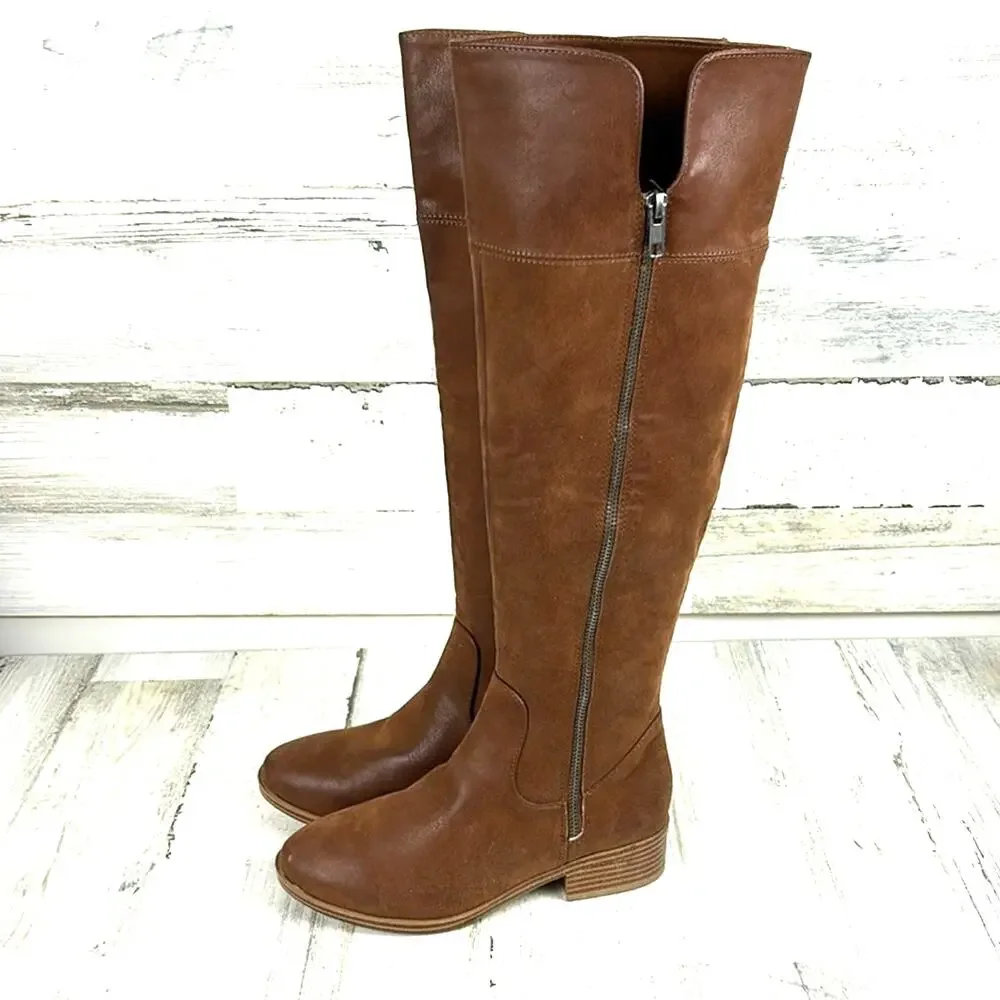 MIA Womens 5 Brown Faux Leather Over the Knee Boots Zip Heel Boho NEW